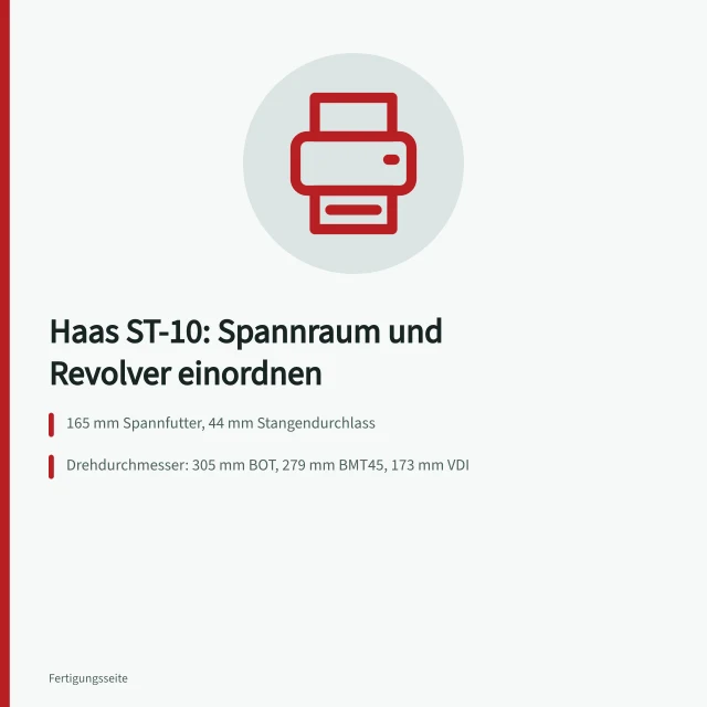 Haas ST-10 Drehmaschine mit Spannfutter und Werkzeugrevolver in Fertigungshalle. Die Haas ST-10 anhand von Spannraum und Werkzeugrevolver einordnen