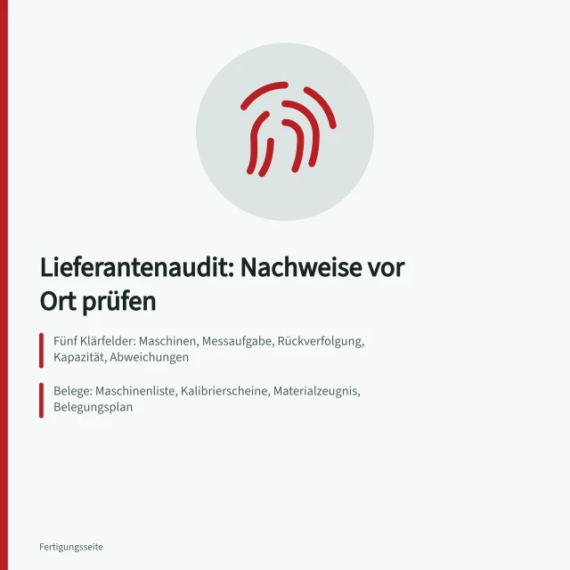 Lieferantenaudit mit fünf Klärfeldern, Belegen und Ablauf vor Ort. Lieferantenaudit: Produktionsfähigkeit anhand konkreter Nachweise prüfen