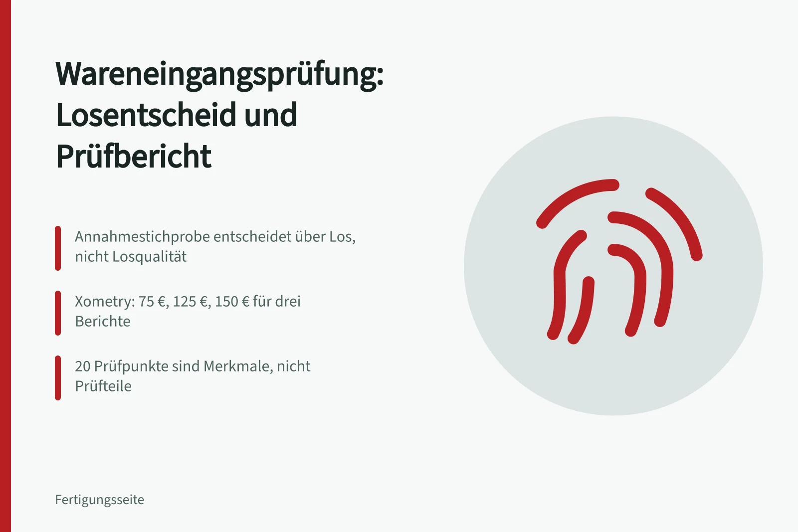 Karte zur Wareneingangsprüfung mit Losentscheid, Prüfberichten und Prüfpunkten