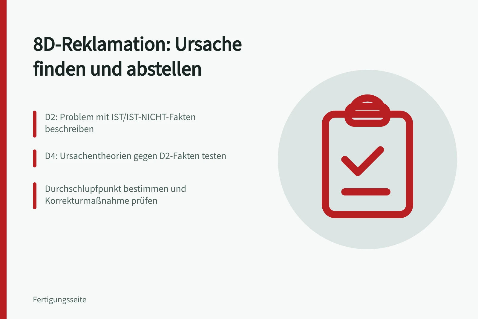 Karte zur 8D-Methode mit Problembeschreibung, Ursachenanalyse und Wirksamkeitsprüfung